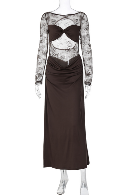 Floral Lace Patchwork Long Sleeve Ruched Slim Fit Maxi Dresses-Brown