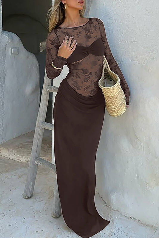 Floral Lace Patchwork Long Sleeve Ruched Slim Fit Maxi Dresses-Brown