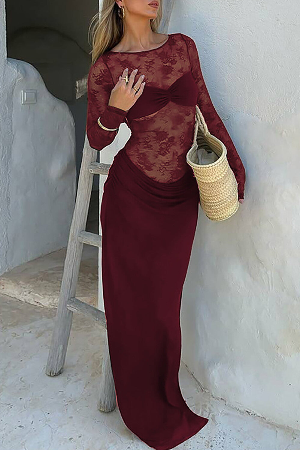 Floral Lace Patchwork Long Sleeve Ruched Slim Fit Maxi Dresses-Brown
