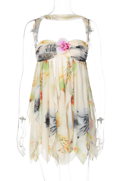 Halter Neck 3D Flower Ruffled Solid Color Mini Dresses-Pink
