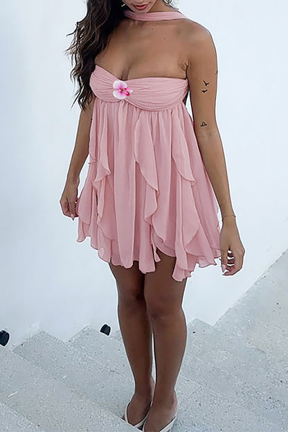 Halter Neck 3D Flower Ruffled Solid Color Mini Dresses-Pink