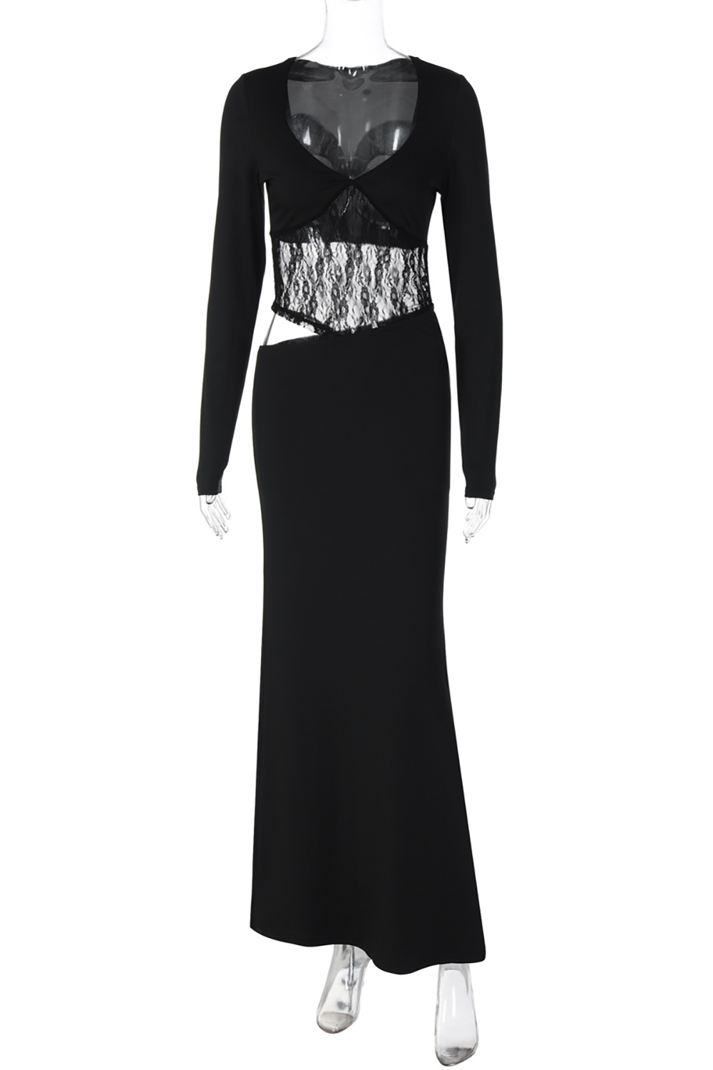 V Neck Long Sleeve Lace Patchwork Cutout Slim Fit Maxi Dresses-Black