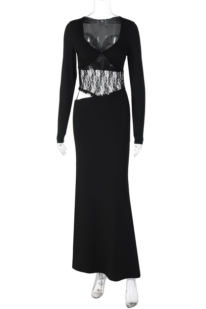 V Neck Long Sleeve Lace Patchwork Cutout Slim Fit Maxi Dresses-Black