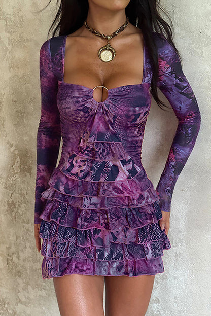 Irregular Neck Long Sleeve Mixed Print Layered Ruffled Mini Dresses-Purple