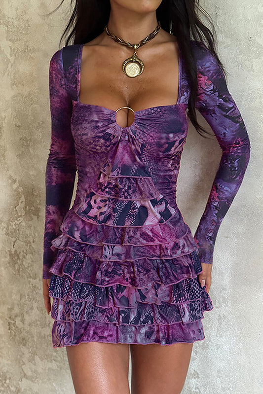 Irregular Neck Long Sleeve Mixed Print Layered Ruffled Mini Dresses-Purple