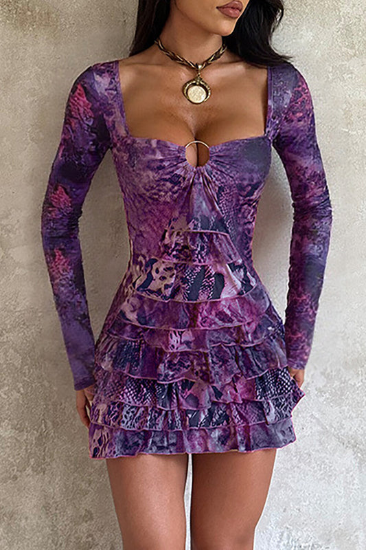 Irregular Neck Long Sleeve Mixed Print Layered Ruffled Mini Dresses-Purple