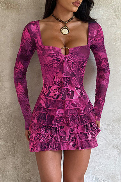 Irregular Neck Long Sleeve Mixed Print Layered Ruffled Mini Dresses-Purple