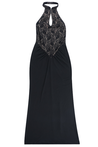 Halter Cutout Floral Lace Patchwork Bodycon Maxi Dresses-Black
