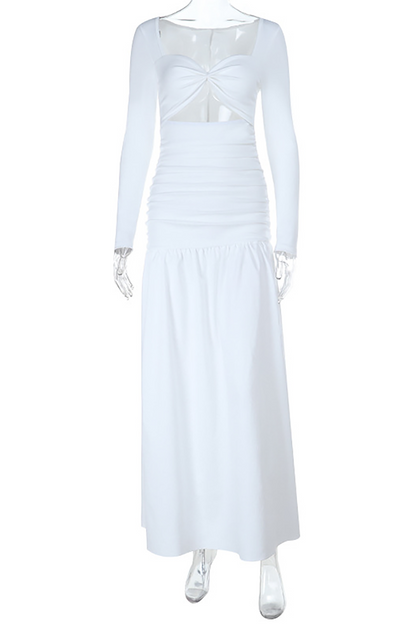 Irregular Neckline Long Sleeve Cutout Semi-Fitted Plain Maxi Dresses-White