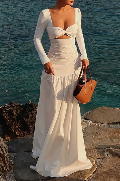 Irregular Neckline Long Sleeve Cutout Semi-Fitted Plain Maxi Dresses-White