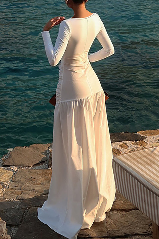 Irregular Neckline Long Sleeve Cutout Semi-Fitted Plain Maxi Dresses-White