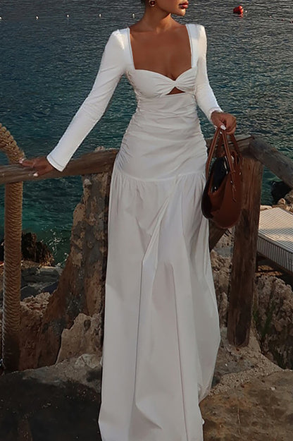 Irregular Neckline Long Sleeve Cutout Semi-Fitted Plain Maxi Dresses-White