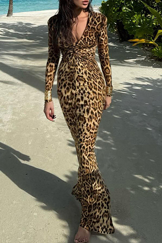 Deep V Neck Long Sleeve Leopard Print Bodycon Maxi Dresses-LightBrown