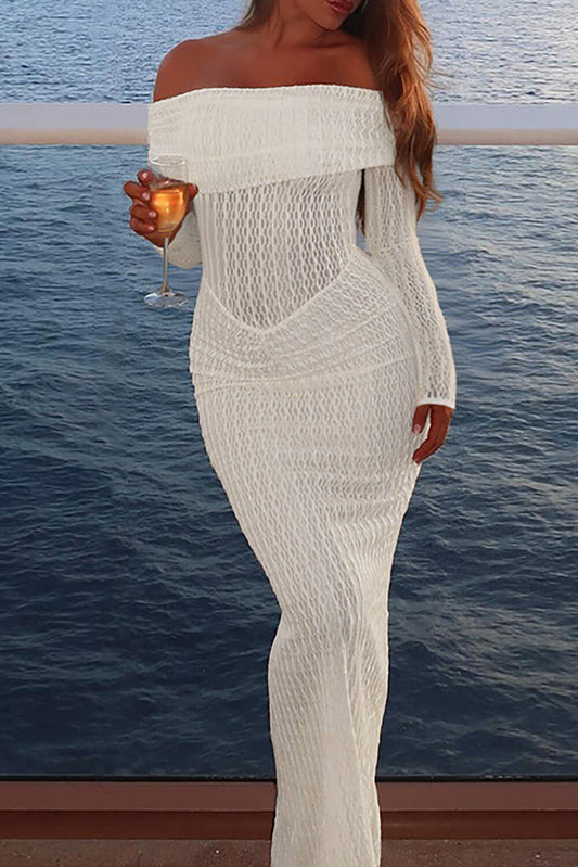 Off Shoulder Boat Neck Long Sleeve Bodycon Textured Maxi Dresses-OffWhite