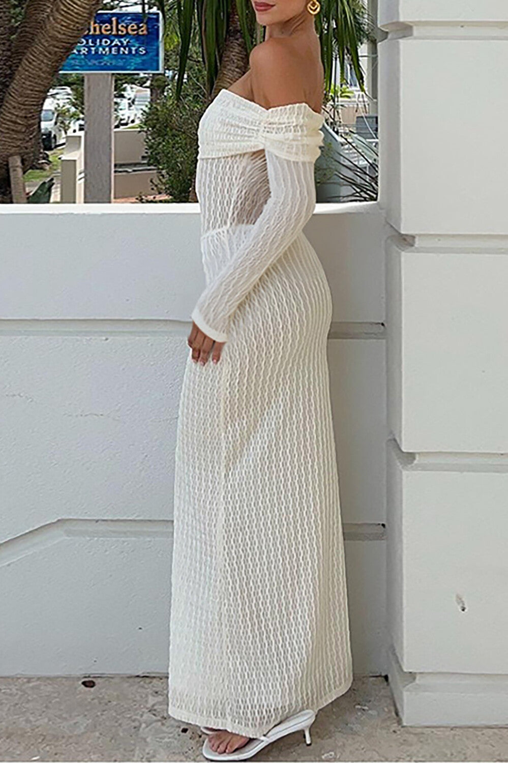 Off Shoulder Boat Neck Long Sleeve Bodycon Textured Maxi Dresses-OffWhite