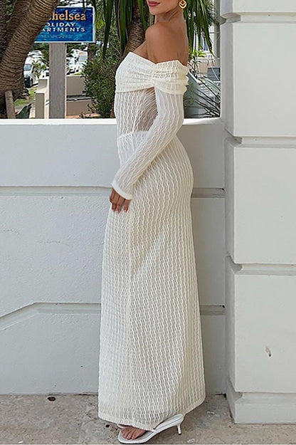 Off Shoulder Boat Neck Long Sleeve Bodycon Textured Maxi Dresses-OffWhite
