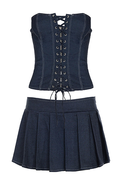 Imitated Denim Strapless Lace Up Slim Fit Top Pleated Mini Skirt 2pcs Set-Navy