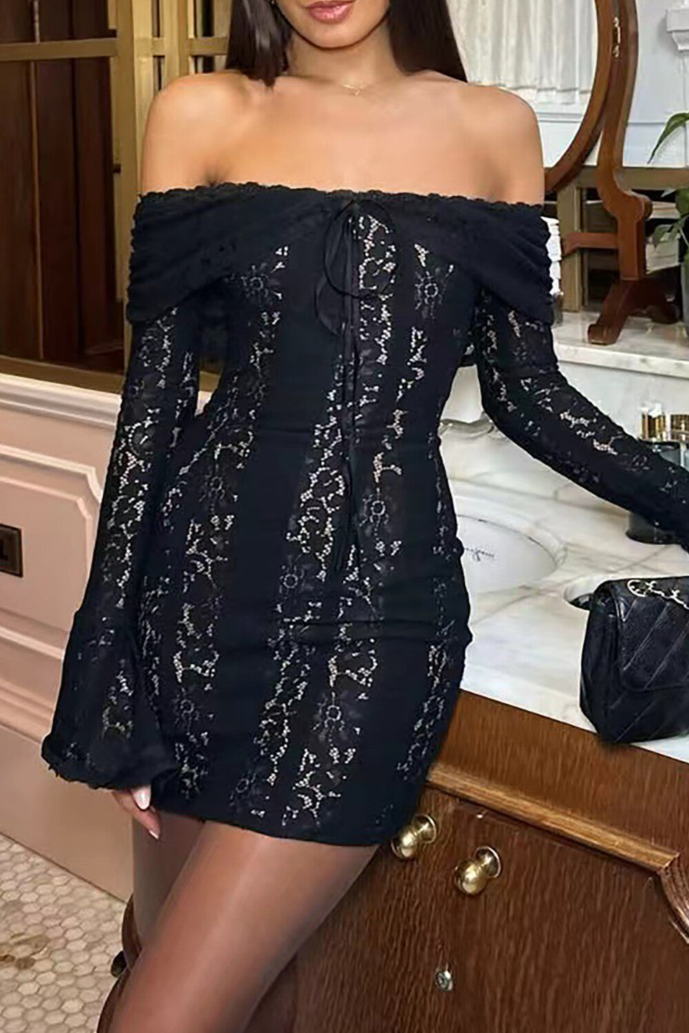 Off Shoulder Flare Sleeve Floral Lace Bodycon Mini Dresses-White