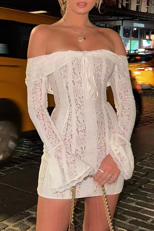 Off Shoulder Flare Sleeve Floral Lace Bodycon Mini Dresses-White