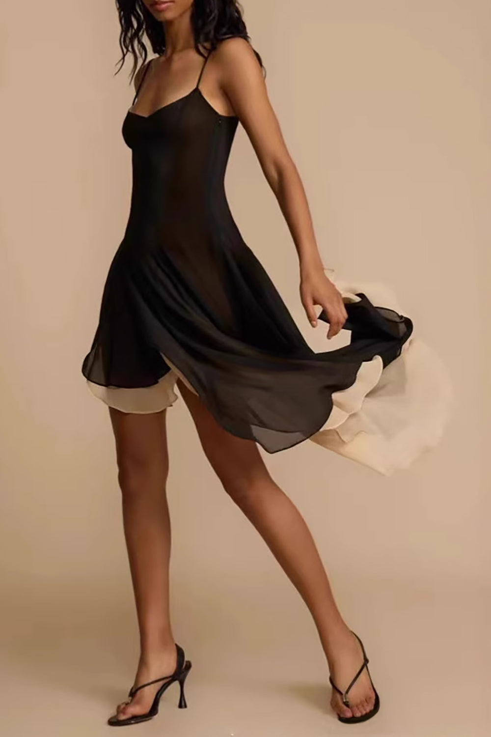 Colorblock Lined Irregular Hem Strappy Midi Dresses-Black