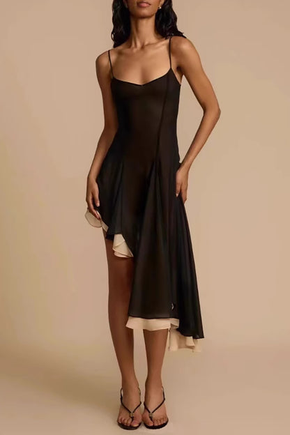 Colorblock Lined Irregular Hem Strappy Midi Dresses-Black