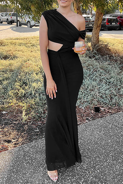 Skew Neck Waist Cutout Ruched Slim Fit Semi Sheer Hem Maxi Dresses-Pink