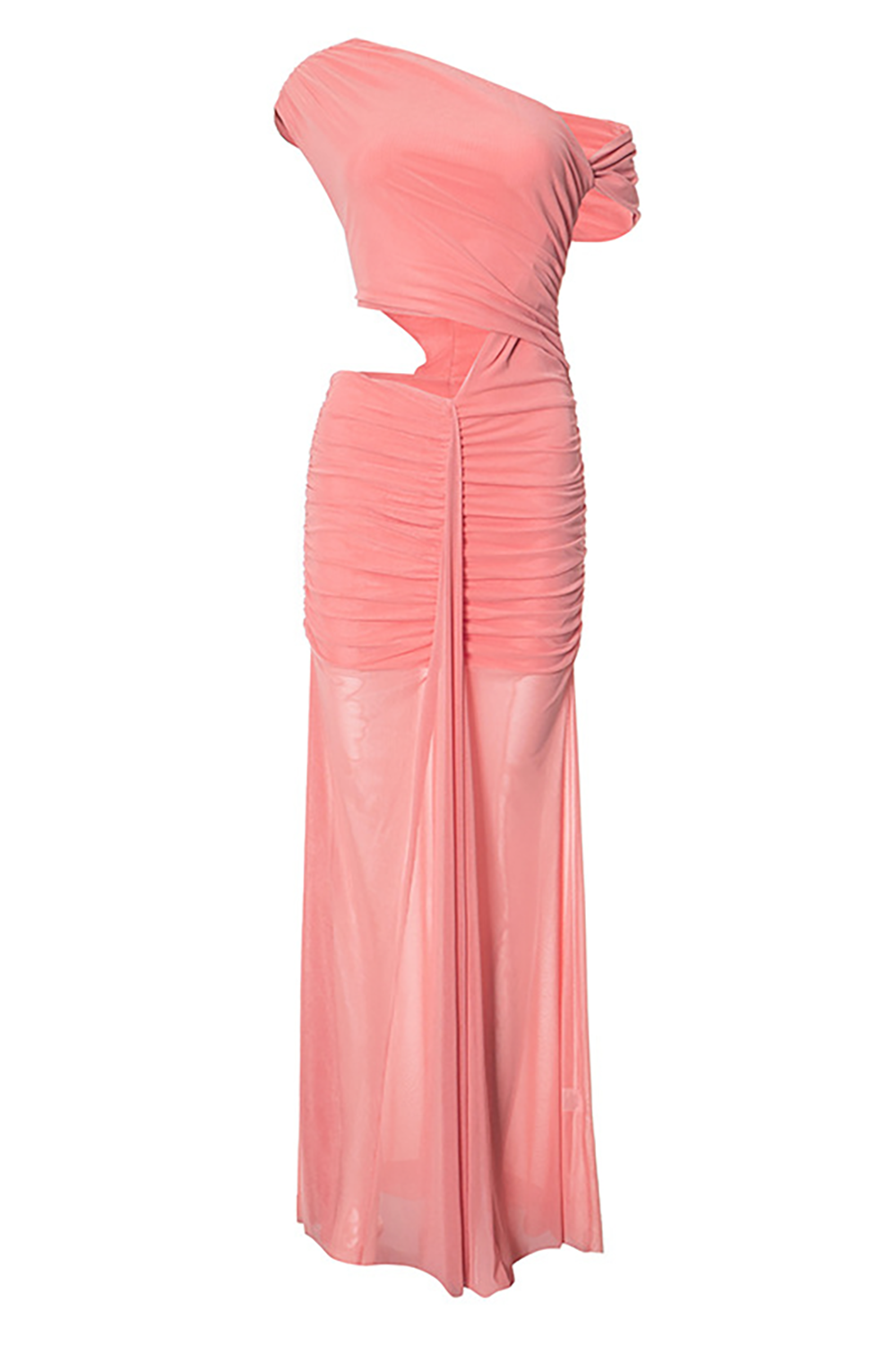 Skew Neck Waist Cutout Ruched Slim Fit Semi Sheer Hem Maxi Dresses-Pink