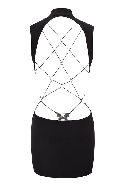 Mandarin Keyhole Neck Sleeveless Lace-Up Party Mini Dresses-Black [Pre Order]