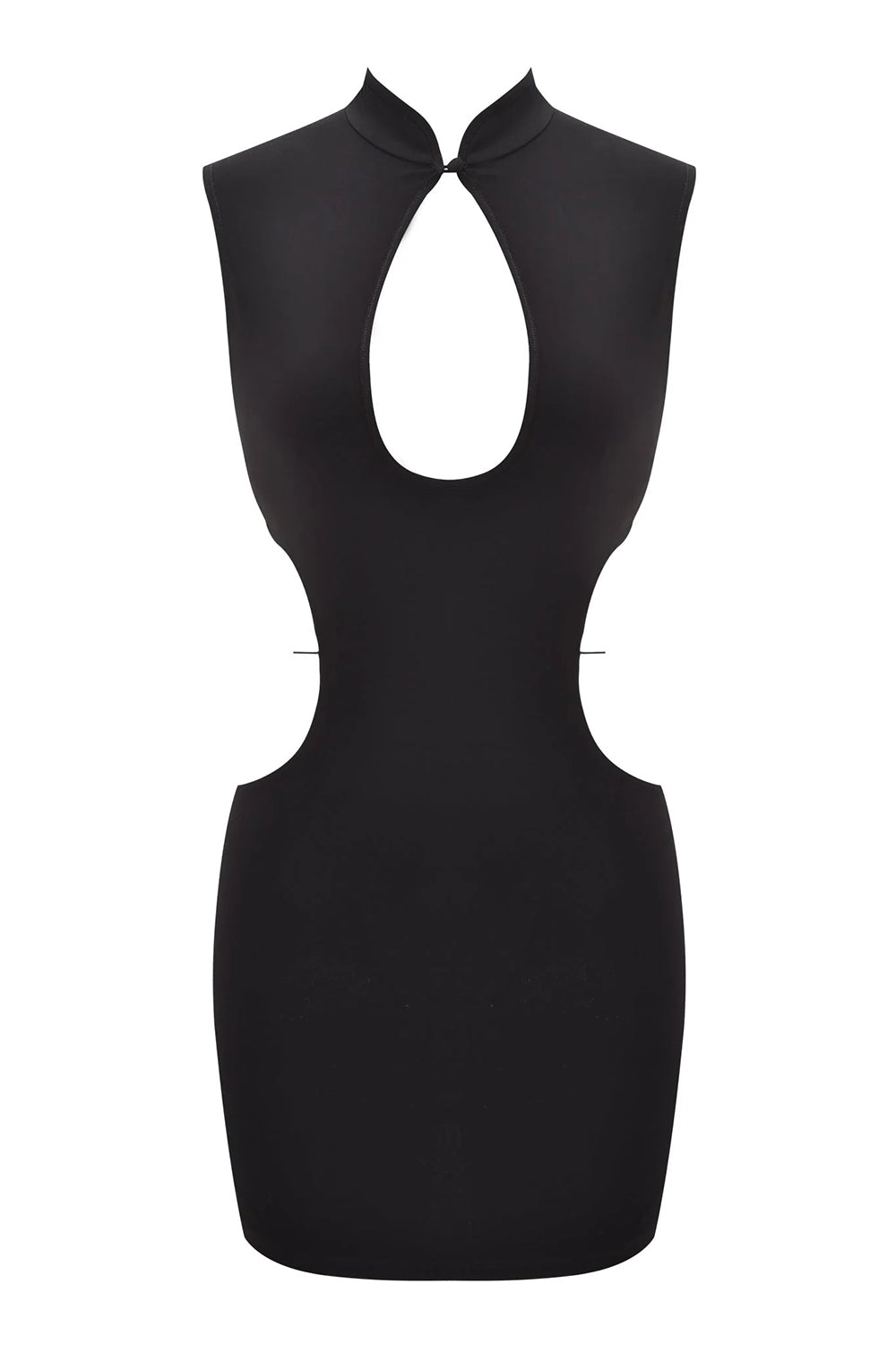 Mandarin Keyhole Neck Sleeveless Lace-Up Party Mini Dresses-Black [Pre Order]