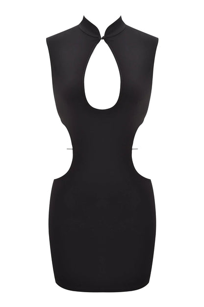 Mandarin Keyhole Neck Sleeveless Lace-Up Party Mini Dresses-Black [Pre Order]