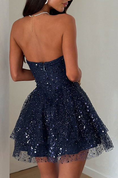 Sequin Beads Mesh Strapless A-Line Party Mini Dresses-Navy [Pre Order]