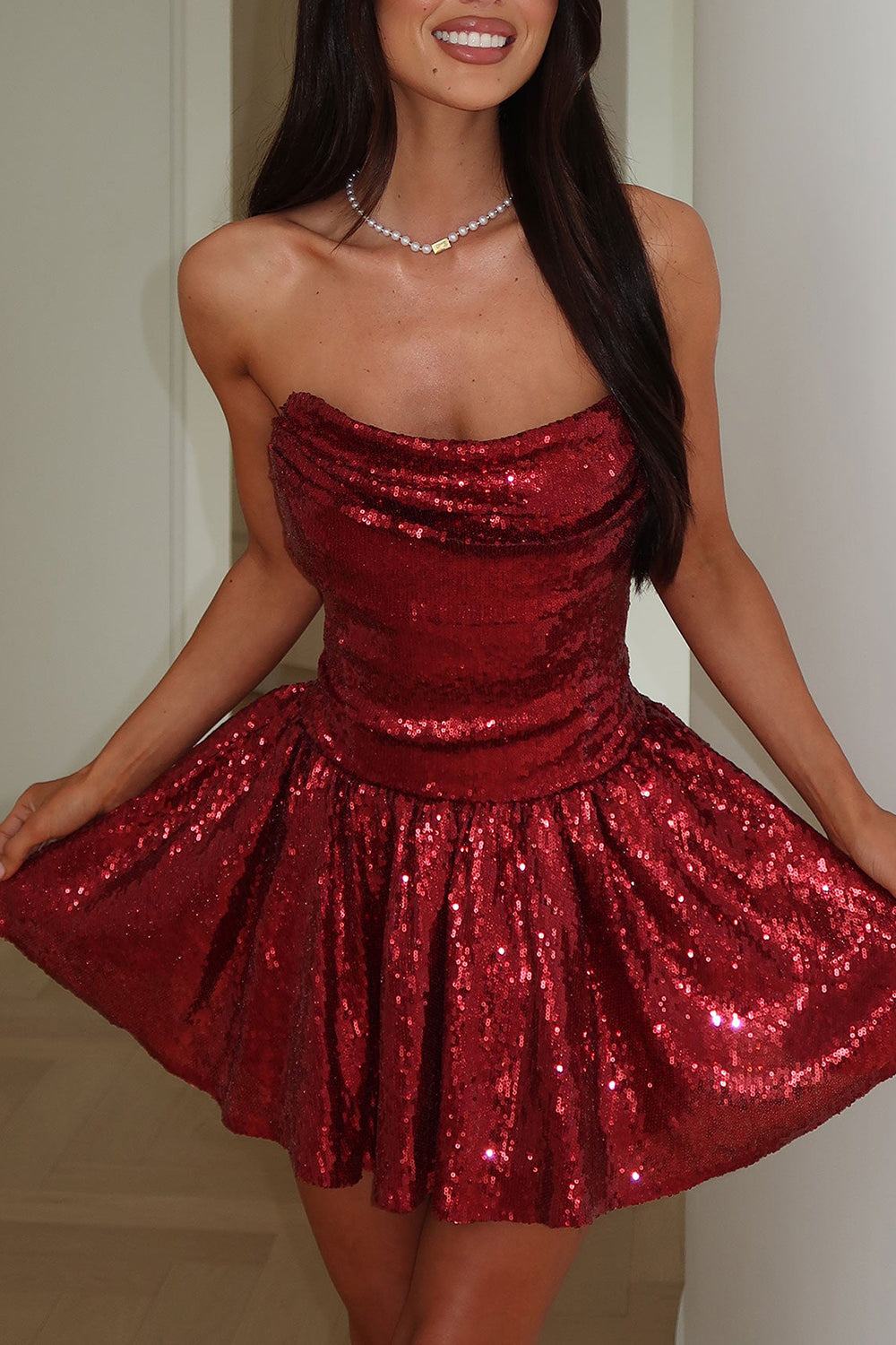 Sequin Strapless Lace-Up A-Line Party Mini Bubble Dresses-Red [Pre Order]