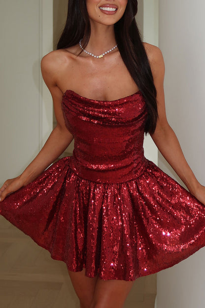 Sequin Strapless Lace-Up A-Line Party Mini Bubble Dresses-Red [Pre Order]