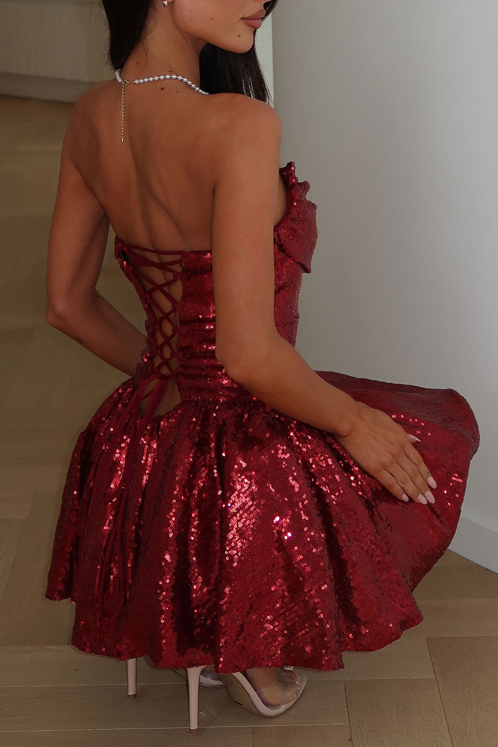 Sequin Strapless Lace-Up A-Line Party Mini Bubble Dresses-Red [Pre Order]