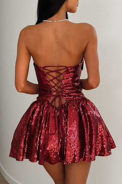 Sequin Strapless Lace-Up A-Line Party Mini Bubble Dresses-Red [Pre Order]