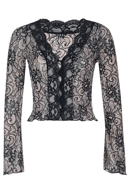 Jacquard Lace Deep V Neck Long Sleeve Slim Fit Crop Top-Black