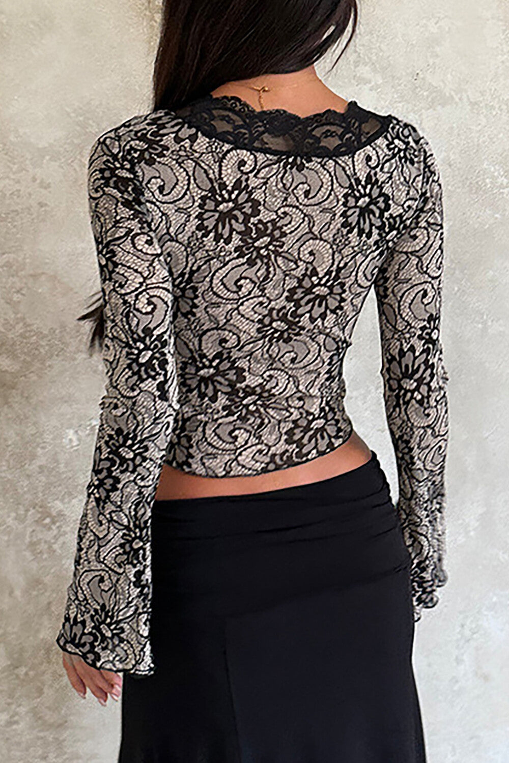 Jacquard Lace Deep V Neck Long Sleeve Slim Fit Crop Top-Black
