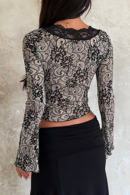 Jacquard Lace Deep V Neck Long Sleeve Slim Fit Crop Top-Black