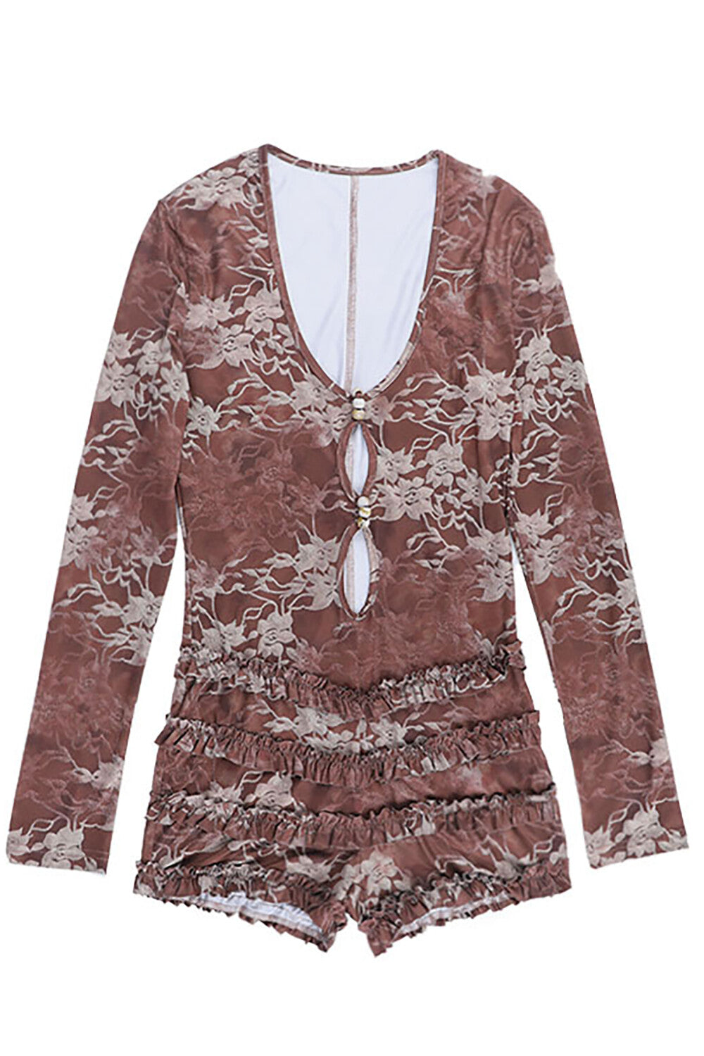 U Neckline Long Sleeve Floral Pattern Cutout Frilled Playsuit Romper-RedBrown