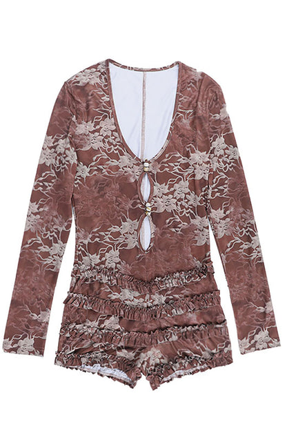 U Neckline Long Sleeve Floral Pattern Cutout Frilled Playsuit Romper-RedBrown