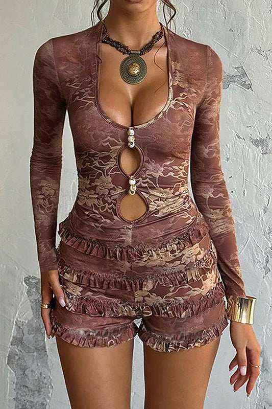 U Neckline Long Sleeve Floral Pattern Cutout Frilled Playsuit Romper-RedBrown
