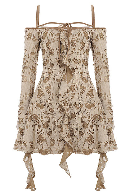Off Shoulder Long Sleeve Ruffled Ripped Mini Dresses-Khaki