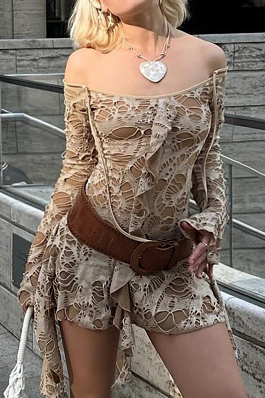 Off Shoulder Long Sleeve Ruffled Ripped Mini Dresses-Khaki