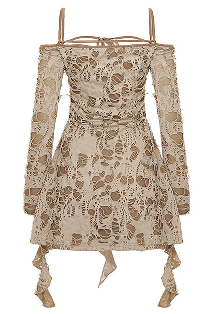 Off Shoulder Long Sleeve Ruffled Ripped Mini Dresses-Khaki