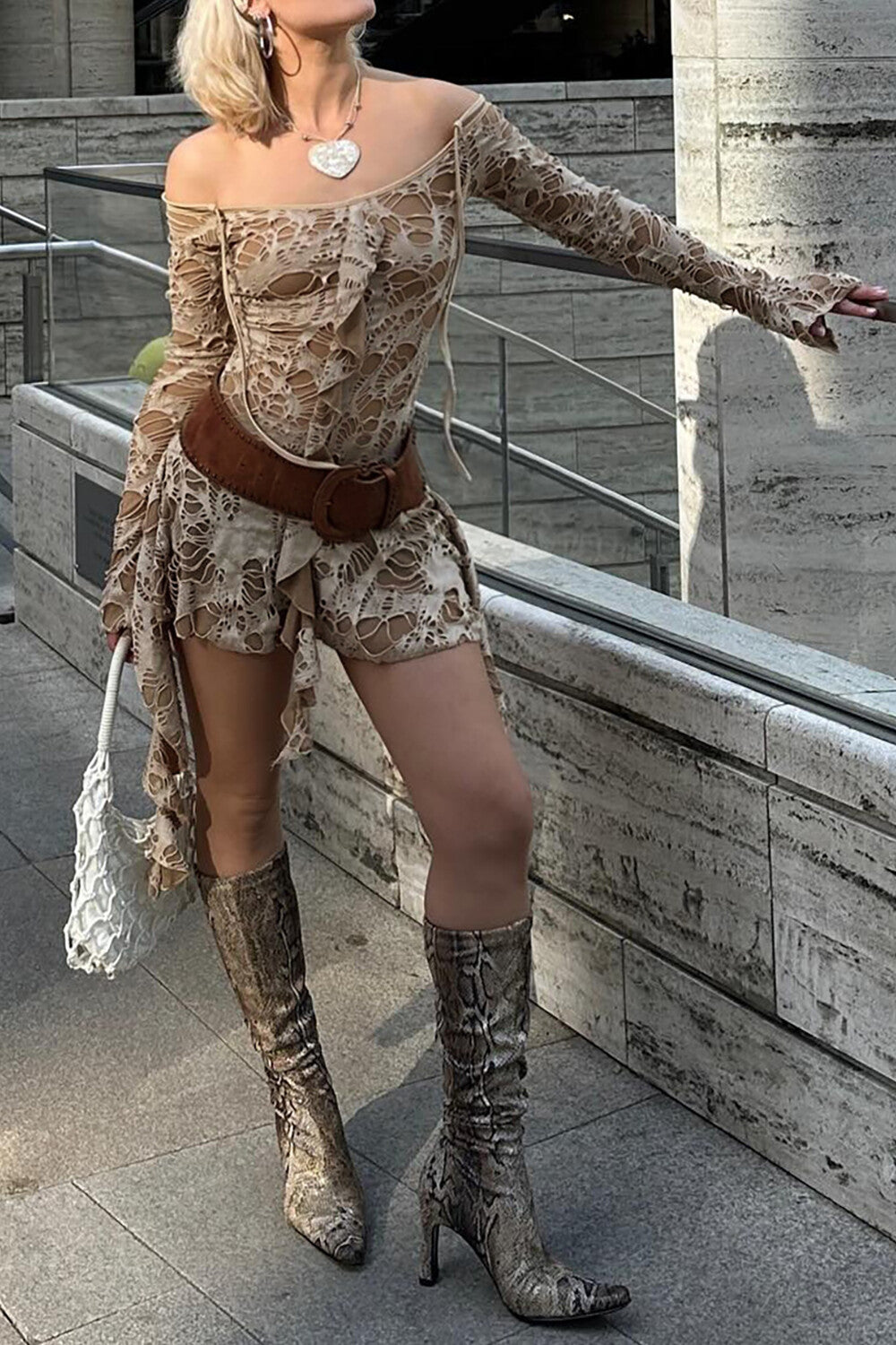 Off Shoulder Long Sleeve Ruffled Ripped Mini Dresses-Khaki