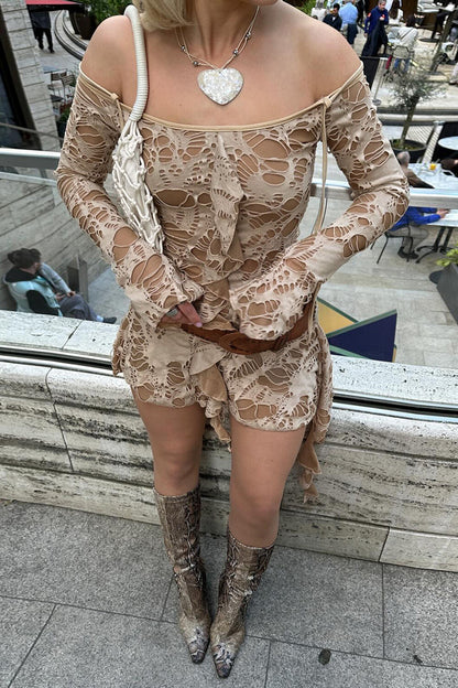 Off Shoulder Long Sleeve Ruffled Ripped Mini Dresses-Khaki