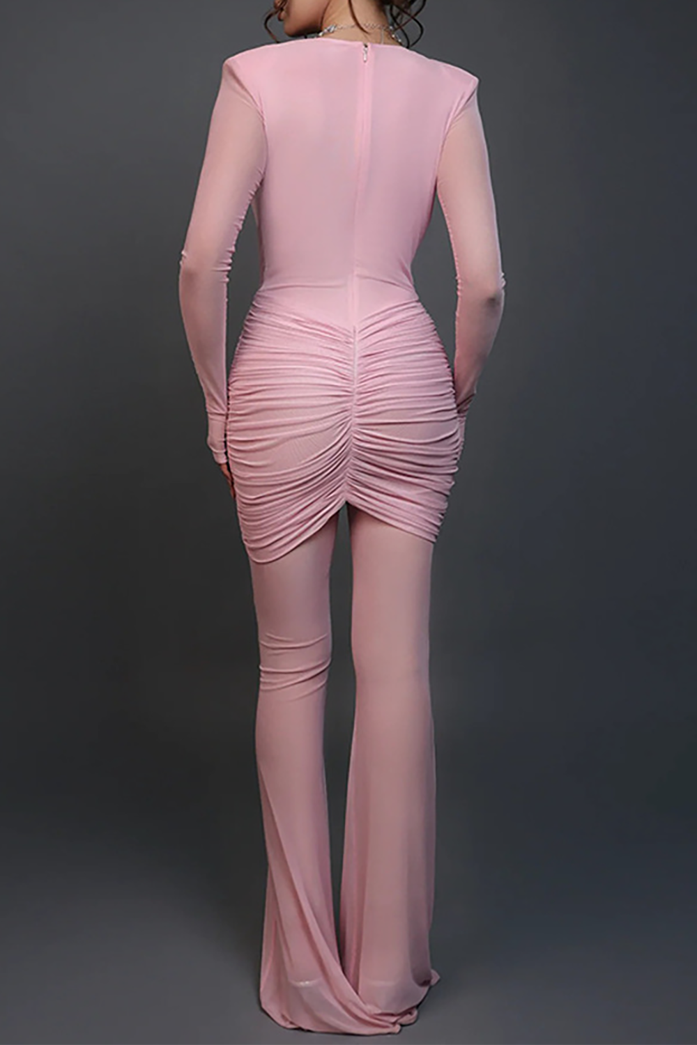 Deep V Neck Long Sleeve Ruched Wrapped Sheer Mesh Flared Leg Jumpsuit-Black