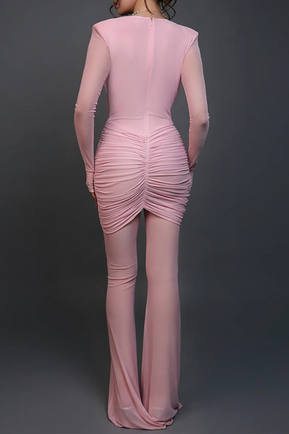 Deep V Neck Long Sleeve Ruched Wrapped Sheer Mesh Flared Leg Jumpsuit-Black