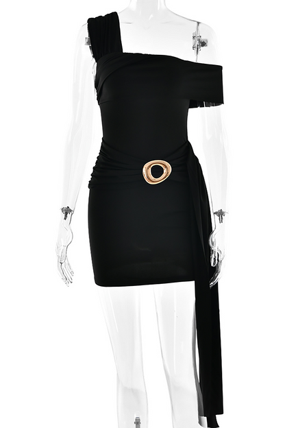 One Shoulder Solid Color Slim Fit Streamer Design Mini Dresses-Green