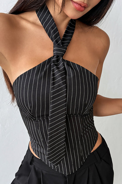 Halter Neck Tie Striped Print Casual Corset-Black